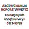Colored Latin alphabet. Children`s font in cute cartoon style. Uppercase and uppercase letters and numbers.