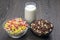 Colored light snacks. Breakfast in a plate and a glass of milk. Diet and calories. Dessert food