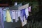 Colored linen hangs on the clothesline outside and dries. The colorful south of Russia, summer