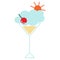 Colored logo with a filled glass for a cocktail with cherries against a cloud and sun background.
