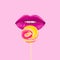 Colored Lollipop with pink lips Ð¾n a light pink background. Summer art collage. Valentine`s background