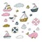 Colored marine icons for kids. Stickerpack. Ship, yacht, albatross, whale, lifebuoys, clouds, stars, anchor. Hand drawn