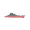 Colored military warship with radar and guns fixed on it. Naval boat with artillery. Graphic design for sticker, poster