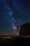 Colored milky way above trees and fields