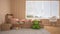 Colored modern child bedroom with single bed, toys and panoramic window, pastel colorful interior