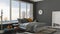 Colored modern gray bedroom with big panoramic window, sunset, s