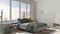 Colored modern white bedroom with big panoramic window, sunset,