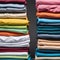 Colored multi-colored T-shirts lie in a stack. Concept of diversity in the world