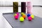 Colored Myofascial release massage balls, roll and other body roll recover on gray mat