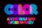 Colored neon font, colorful outlines letter set with neon colored glow on black background. Fluorescent shine typeset