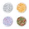 Colored nonpareils, Hundreds and Thousands, tiny sugar balls, in white bowls