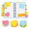 A colored open notepad on the spring with clean sheets and bookmarks between the pages. A set of sticky stickers in the form of he