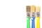 Colored paint brushes with plastic handles on a white background, place for text, isolate, flat layer, close-up