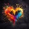 Colored paint splashes isolated on dark 3d background. Beautiful multi colored water splashes in heart shape. AI generated