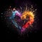 Colored paint splashes isolated on dark background. Beautiful multi colored water splashes in heart shape. AI generated