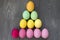 Colored painted eggs. Easter celebrating