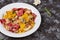 Colored papardelle with chicken, bacon and mushrooms