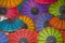 Colored paper Traditional umbrellas on the counter of the store.