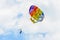 Colored parasail wing in the blue clouds sky, Parasailing