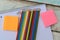colored pencils notebook and colored paper stickers school