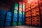 Colored plastic boxes Stacked on Pallets in Storage Warehouse. Supply Chain. Storehouse Distribution. Cargo Shipping Supplies