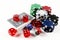 Colored poker chips, card deck and dices isolated