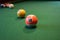 Colored pool balls on a green pool table