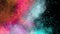 Colored powder explosion. Abstract closeup dust on backdrop