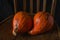 Colored pumpkins on wooden chair. Autumn scene