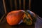 Colored pumpkins on wooden chair. Autumn scene