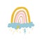 A colored rainbow of yellow and pink tones stands on a blue cloud. Rain pours from the cloud and lightning flashes. Cute vector