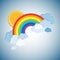 Colored rainbows with clouds and sun. Cartoon illustration on white background. Vector
