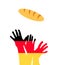 Colored raising hands as a symbol of the flag of Germany are trying to grab a loaf of bread.