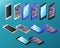 Colored realistic smartphones in isometry vector illustration