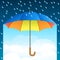 Colored realistic umbrella. Open umbrella on rain and blue sky