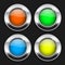 Colored round buttons. Glass 3d shiny icons with wide metal frame on black background