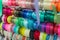 Colored satin ribbons on the counter of the store