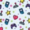 Colored seamless pattern background with joysticks and videogame icons Vector