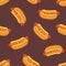 Colored seamless pattern with delicious hot dogs on dark background. Tasty sandwiches, sausages in bun with mustard
