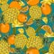 Colored seamless pattern with pineapples and oranges in vintage style