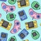 Colored seamless pattern of retro console prints. Vector illustration, design, doodle. Tetris, gameboy, tamagotchi.