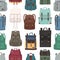 Colored seamless pattern with trendy backpacks or rucksacks of different models. Backdrop with stylish bags on white