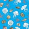 Colored seashells, jellyfishes and starfishes seamless pattern. Hand drawn vector illustration of underwater inhabitants. Nautical