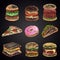 Colored set of chalk drawn 9 different fast food icons on black chalkboard: donut, pizza, burgers, tacos, sandwich.