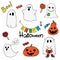 Colored set of cute pictures for halloween. drawings in the style of doodle, ghosts, pumpkins, lettering. funny ghosts, smiling ch