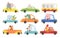 Colored set of kids transport with cute little animals driving car. Collection cartoon animal driver, pets vehicle and