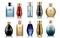 The colored set of perfume bottles. Cosmetic perfumery beauty