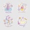 Colored Set of teenage girl icons, cute cartoon teen objects, fun stickers design vector such as magic castle, cupcake