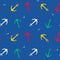 Colored ship anchors and sea gulls. Seamless bright vector pattern on a blue background.