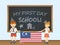 Colored smiling children, boy and girl, holding a national Malaysia flag behind a school board illustration. Vector cartoon illust